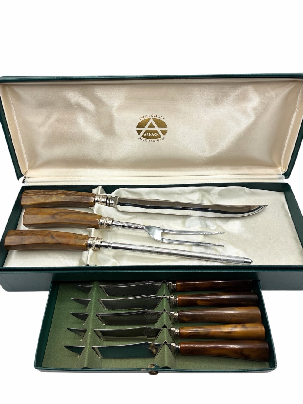 Vintage Armack Sheffield England Bakelite Carving Set w 5 Steak Knives in Case